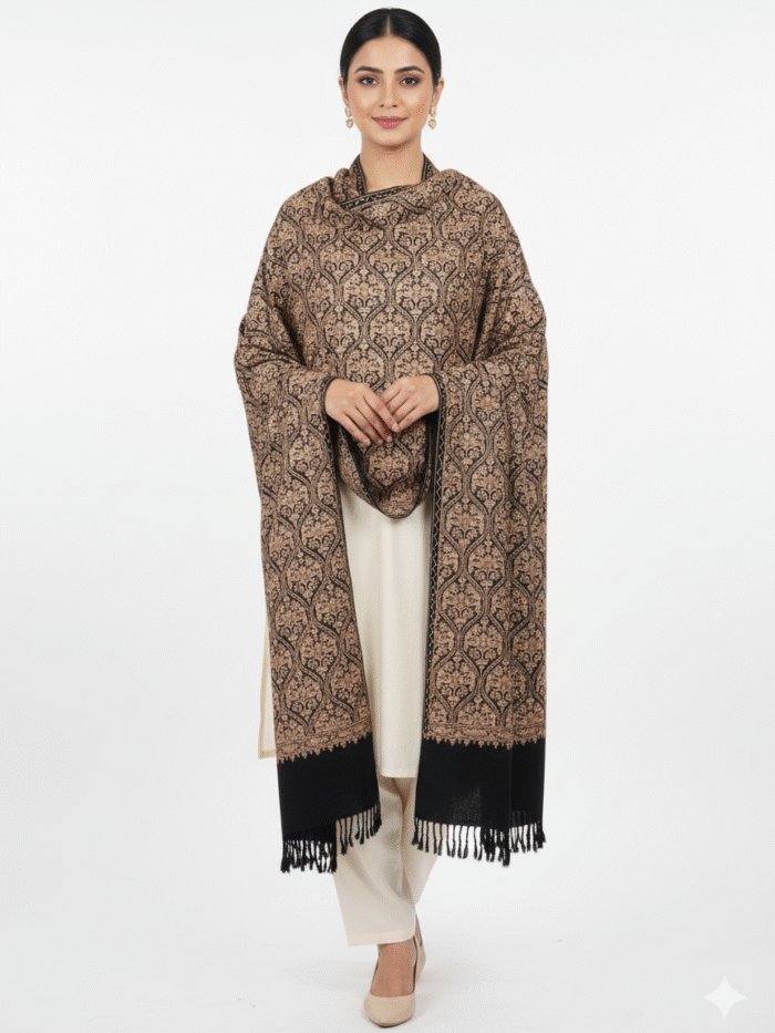 100% Pure Kashmiri Shawl Stole Black Gold Heavy Jaal Embroidery Pashmina Wrap