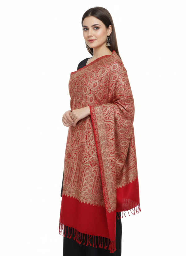 Luxury Red Gold Paisley Kashmiri Aari Embroidered Wool Blend Shawl Wrap Scarf