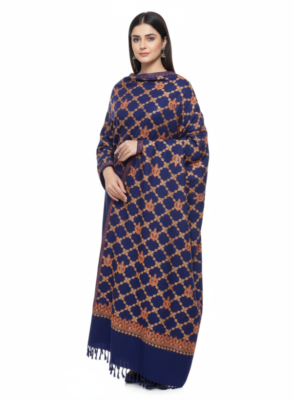 Stunning Royal Blue Shawl Wrap Stole | All-Over Intricate Gold/Copper Embroidery