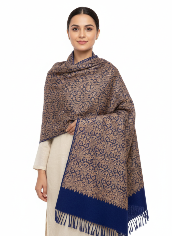🌟 Stunning Kashmiri-Style Embroidered Shawl - Navy Blue & Gold Fine Weave Wrap